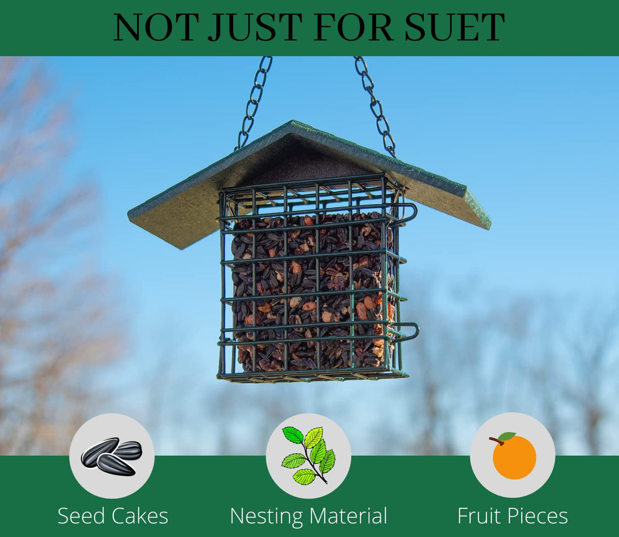 JCS Wildlife Single Suet Cage with Poly Lumber Roof for suet, seed cakes, nesting material, and fruit pieces.