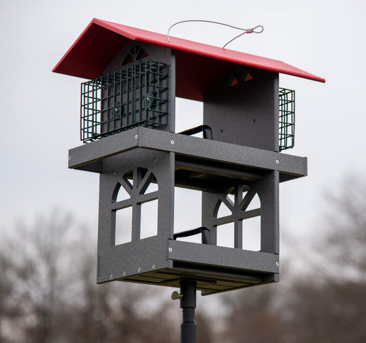 JCS Wildlife Double Fly Thru Bird Feeder with Suet Cages, designed for attracting birds and easy seed filling.