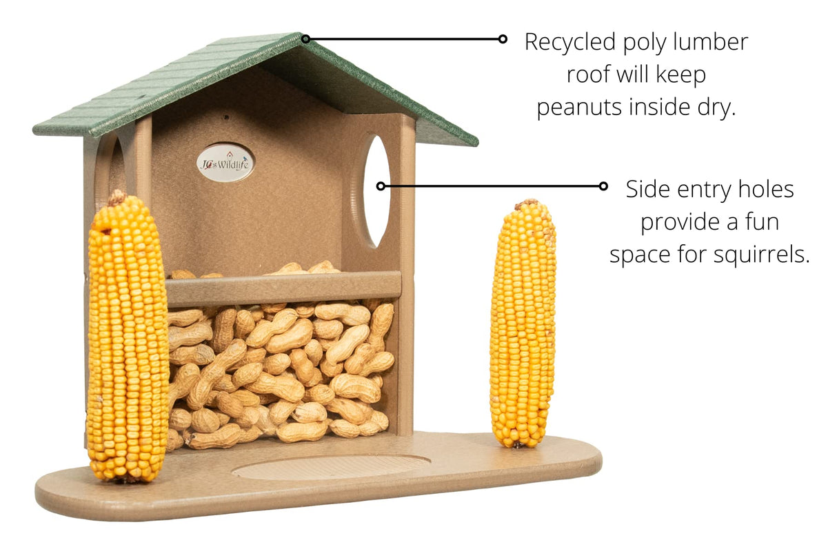 JCS Wildlife Squirrel Snack Station showcasing eco-friendly poly lumber, peanuts, and corn for squirrels.