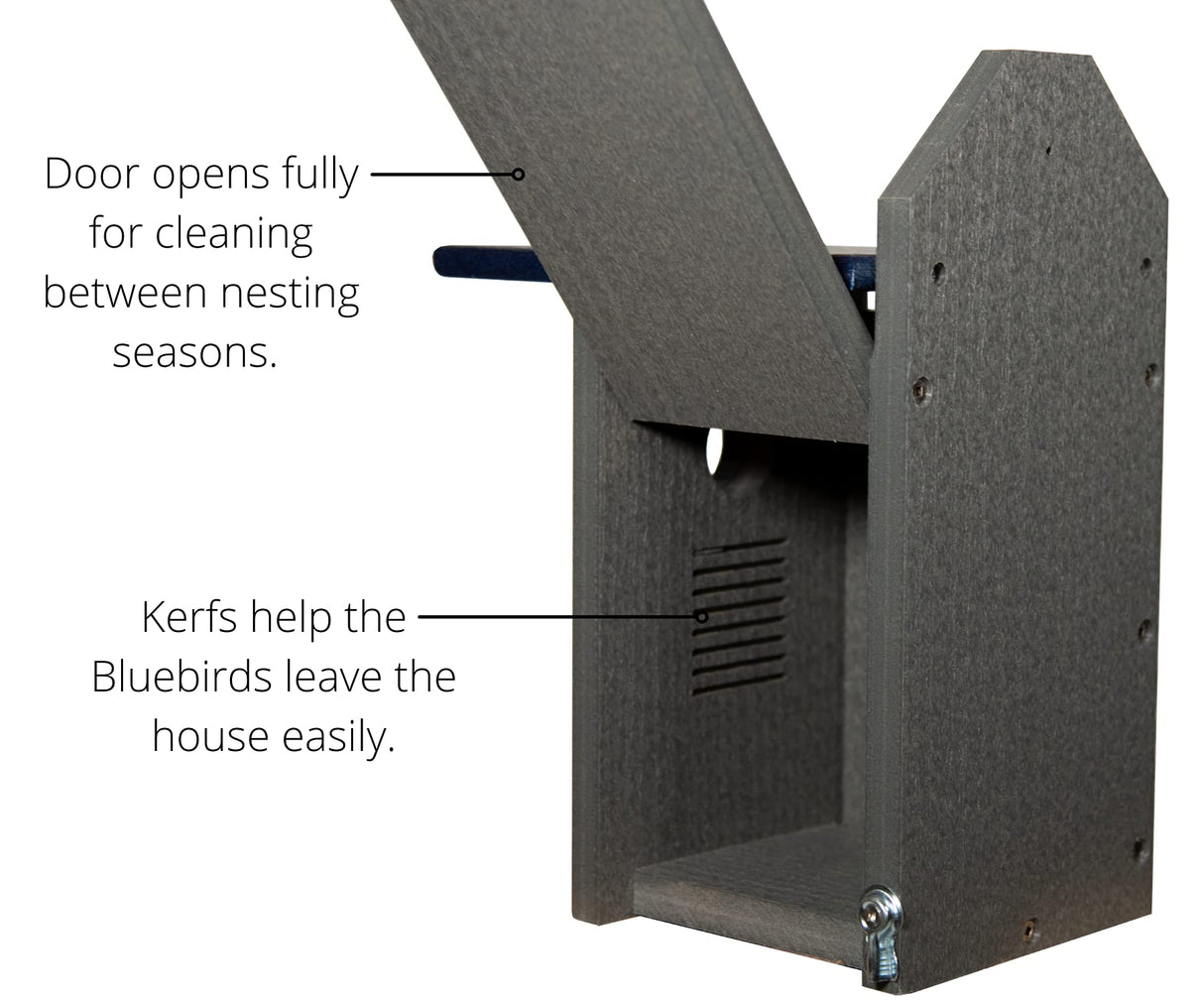 Product photography showing a dark gray plastic bluebird house with a hinged door, ventilation slots, and kerfs for easy bird access