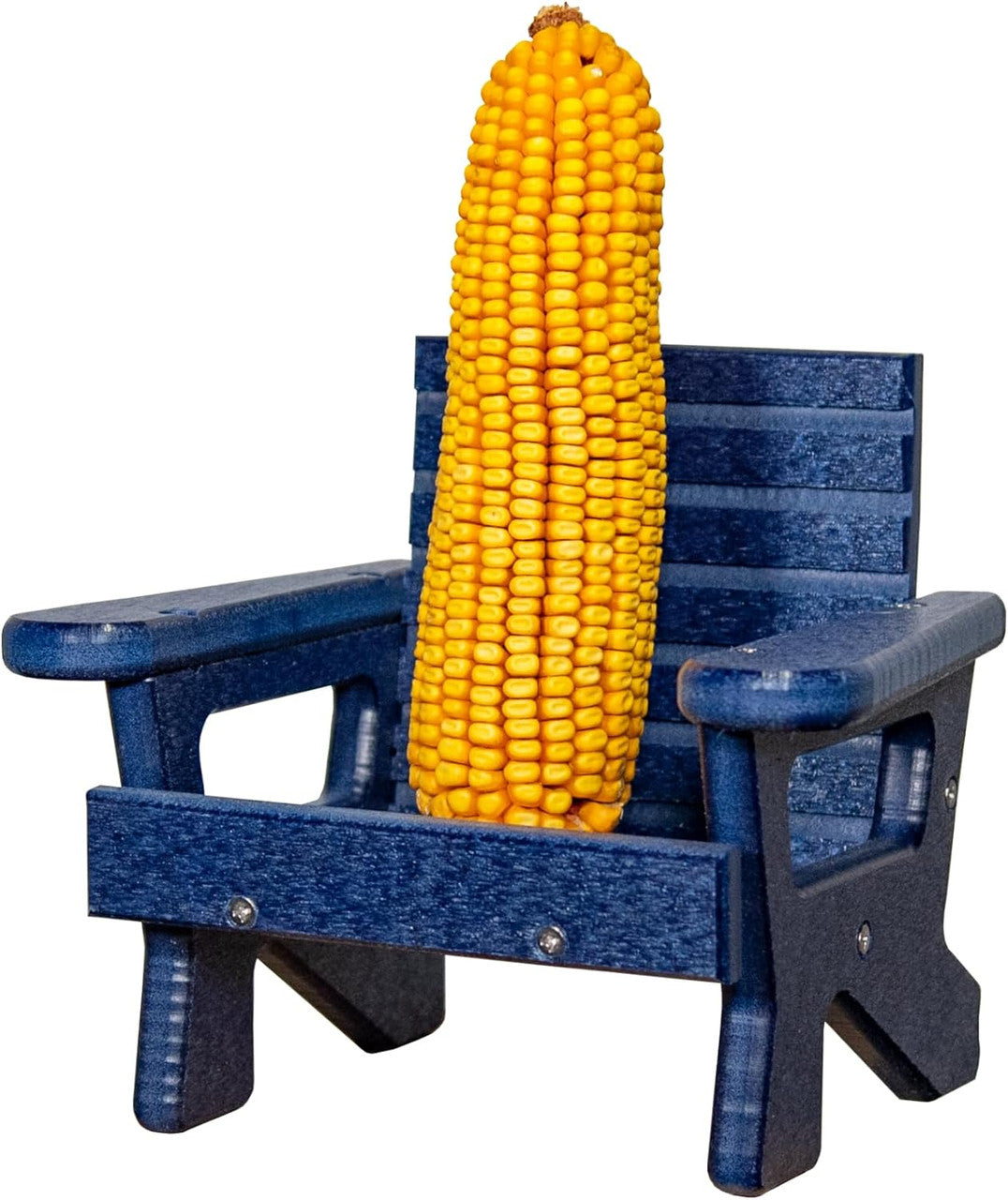 JCS Wildlife Black Squirrel Chair Feeder with corn cob, perfect for snacking squirrels in your backyard.