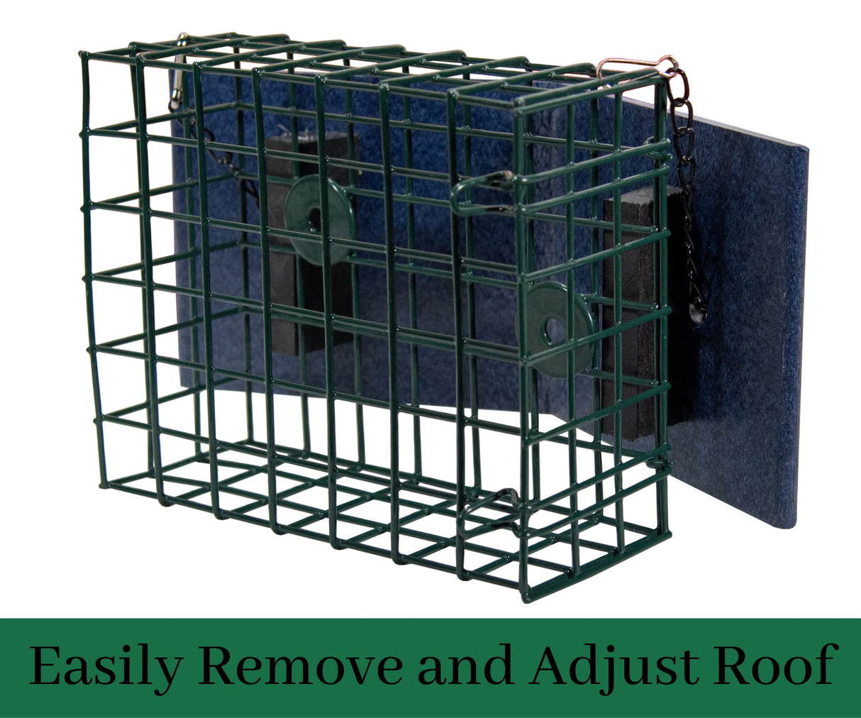 JCS Wildlife XL Suet Cage with Recycled Poly Lumber Roof, featuring an adjustable removable roof for easy use.