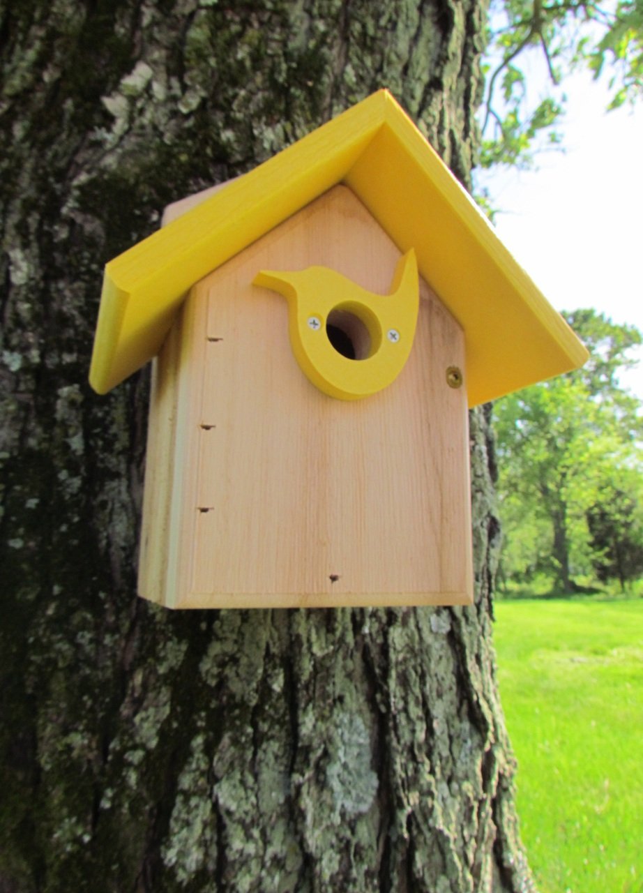 Handmade wooden birdhouse with yellow bird-shaped entrance and roof mounted on a tree in a green park featuring visible tree bark texture and tiny screw details