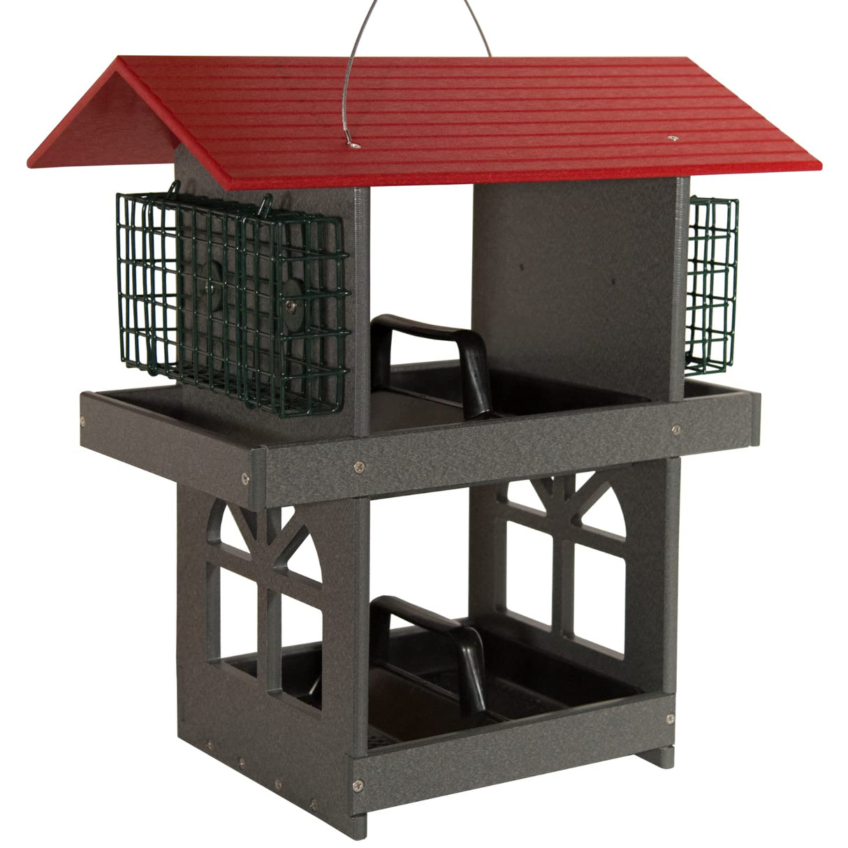 JCS Wildlife Double Fly Thru Bird Feeder with Suet Cages in gray and red, featuring two removable seed trays.