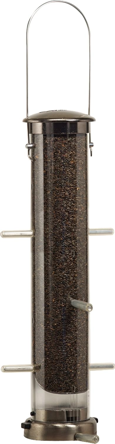 Aspects 400 Quick-Clean Thistle Tube Feeder, Medium in Brushed Nickel, showcasing its durable design and seed functionality.