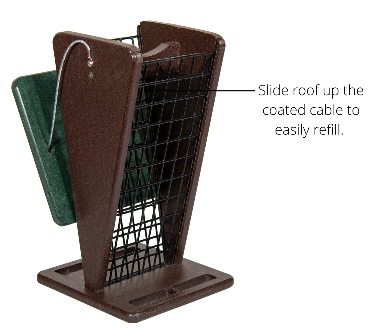 Product shot of a brown and green recycled plastic bird feeder with a black wire mesh and a sliding roof accessed via a silver cable