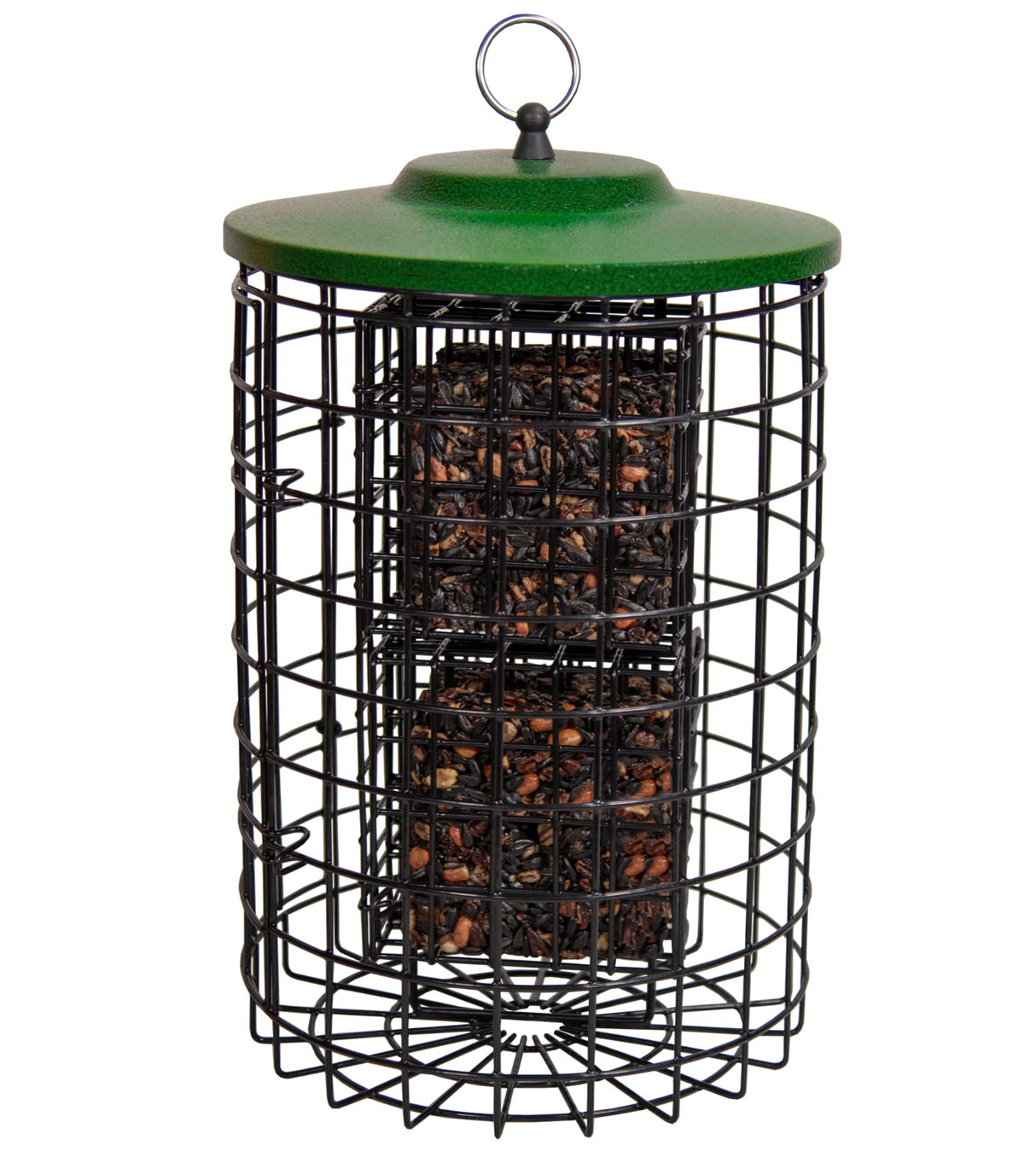 Squirrel Stopper Large Round Squirrel Proof Suet Feeder holding two suet cakes with black metal cage and green lid.