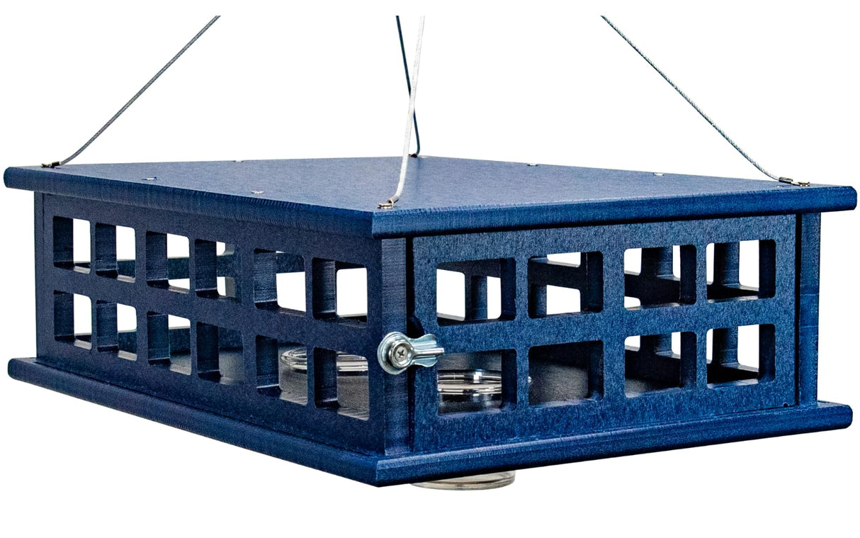 JCS Wildlife Recycled Poly Lumber Deluxe Caged Platform Bluebird Feeder with dual feeding cups for mealworms.