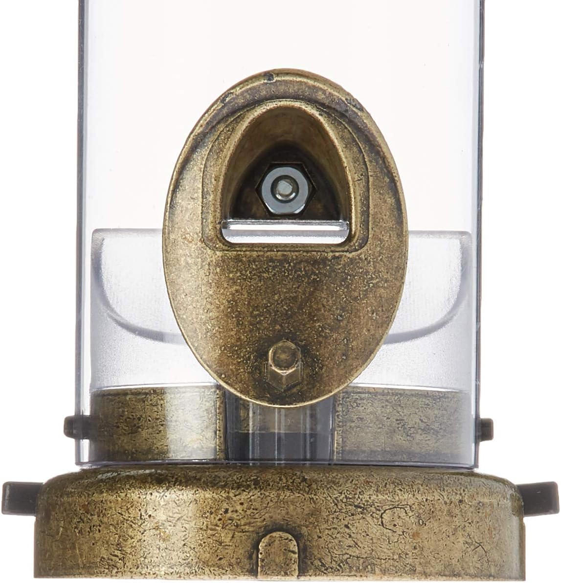 Close-up view of the Aspects 395 Quick-Clean Seed Tube Feeder opening in antique brass.