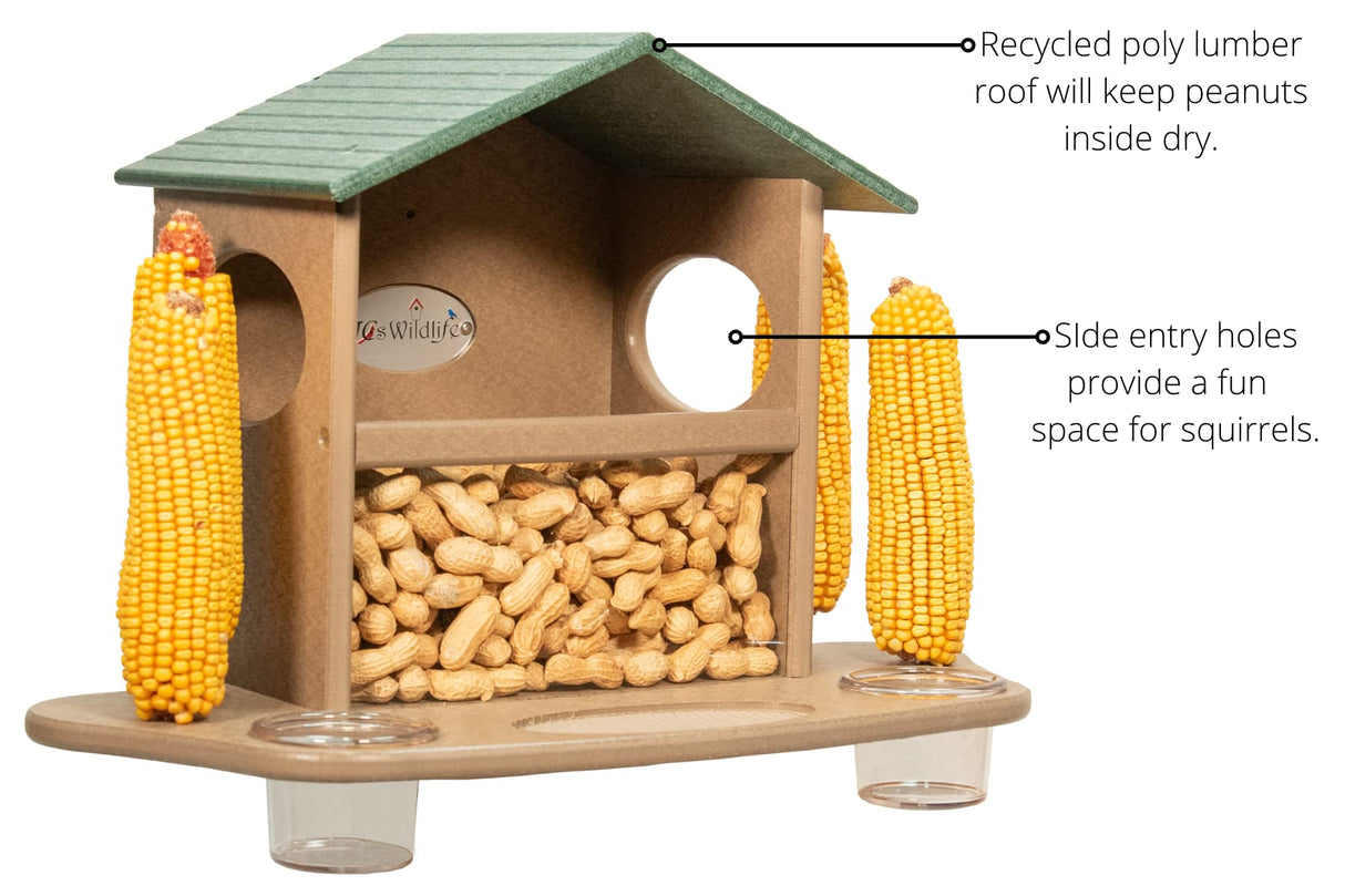 JCS Wildlife Squirrel Snack Station with peanuts and corn, ideal feeding solution for squirrels.