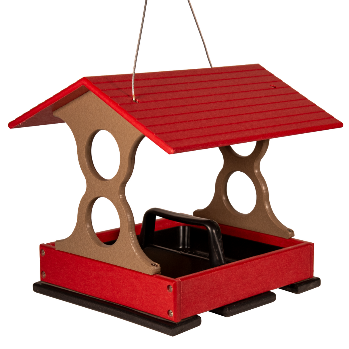 Plastic red and taupe bird feeder with a gabled roof and black tray hanging against a white background showing details like ribbed roof and small feet