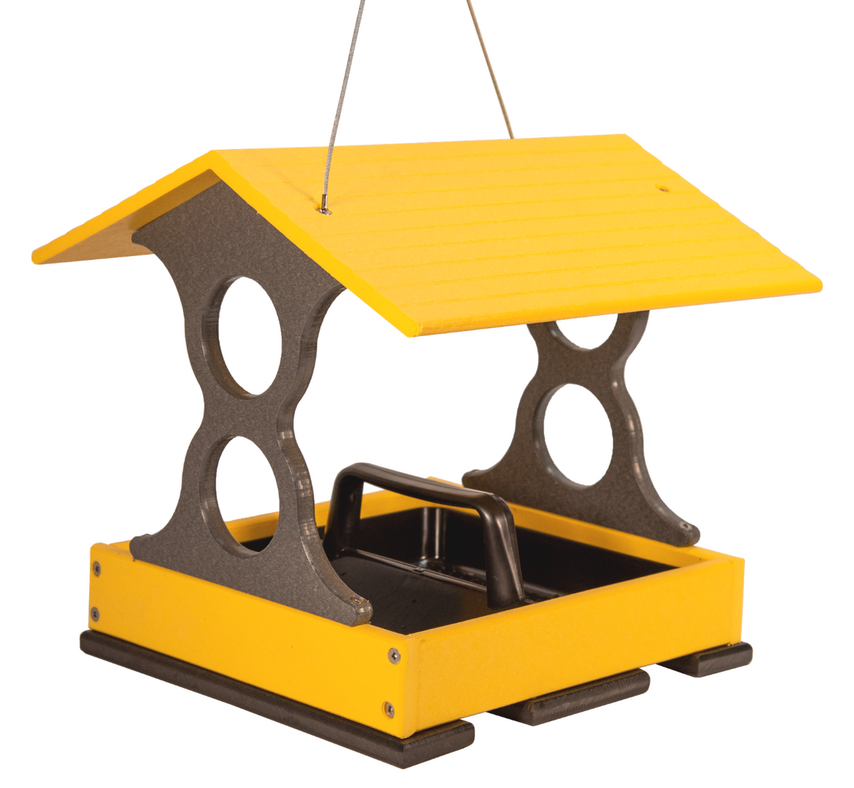 Recycled plastic bird feeder featuring a bright yellow tray and gray supports with a protective roof against the elements ideal for backyard gardens