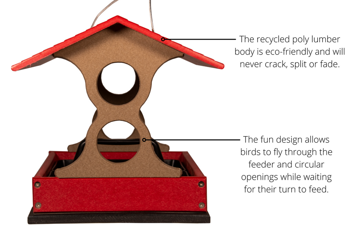 Recycled poly lumber bird feeder with a red roof and base showing three circular openings and a textured surface