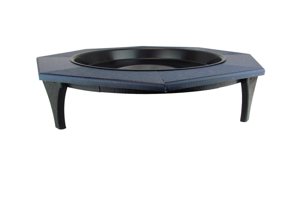 Plastic octagonal bird feeder with a dark blue top a black bowl and curved black legs showing on a white background