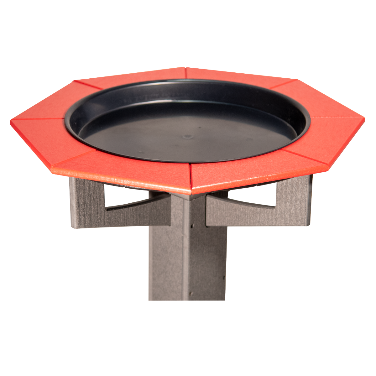 JCS Wildlife Poly Lumber Gray Pedestal Garden Bird Bath with a vibrant red rim for outdoor bird enjoyment.