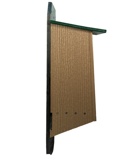 Product shot of a wood-like plastic bat house with a green roof and small ventilation holes showing a tan wood grain texture and black base