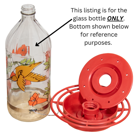 Best-1 Rufous Art Hummingbird Feeder glass bottle 32 oz, featuring vibrant design, shown with base for reference.