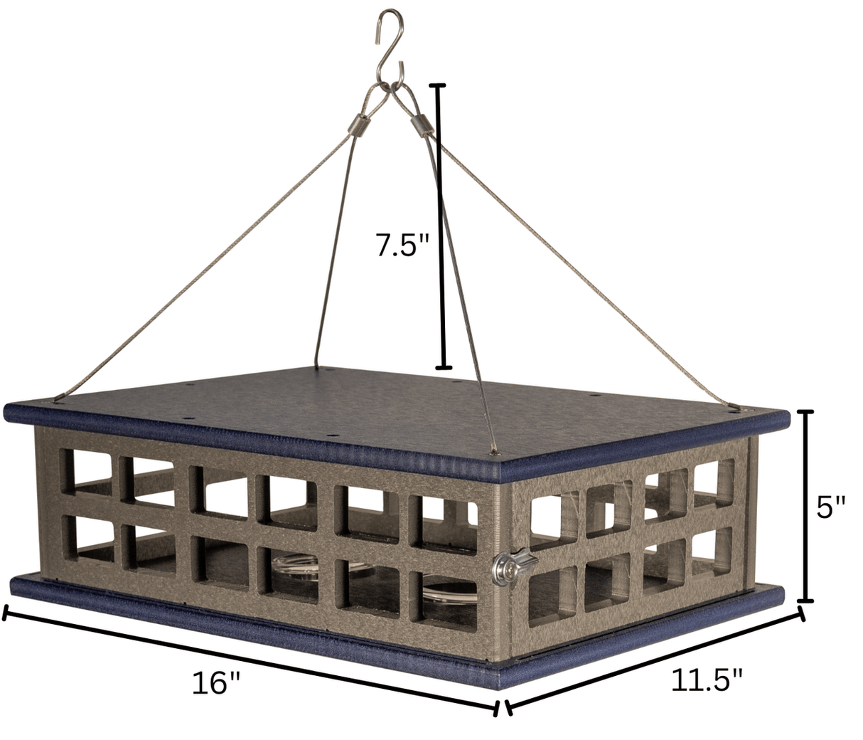 JCS Wildlife Recycled Poly Lumber Deluxe Caged Platform Bluebird Feeder dimensions and design with hanging hook