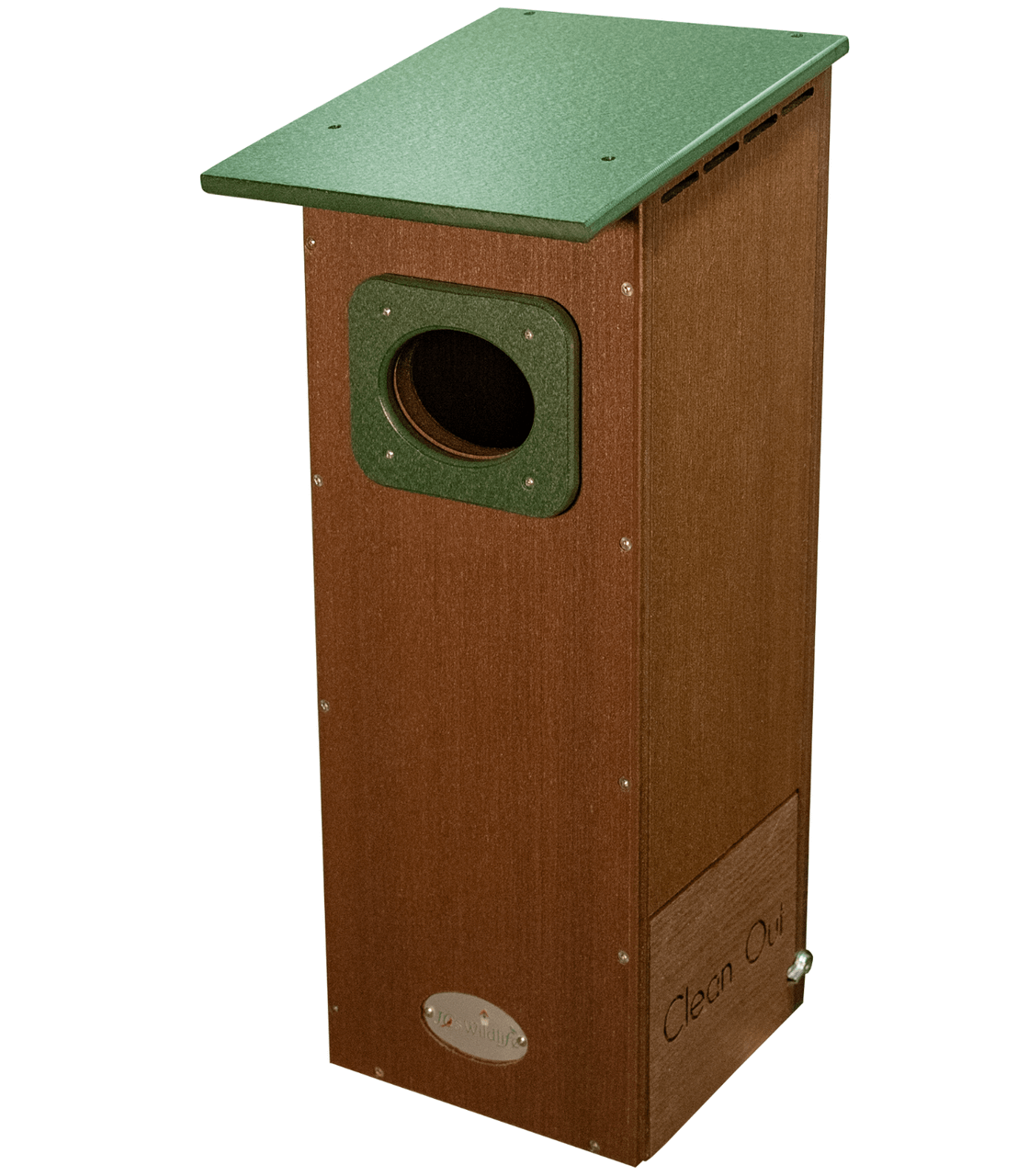 NatureScapes recycled plastic birdhouse with green roof and oval entry hole featuring a convenient clean-out door and wood-like texture