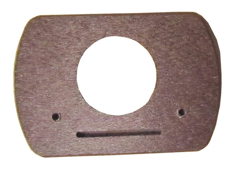 A photograph of a dark purplish-brown wooden object with a central circular cutout, a small horizontal groove, and two small holes suggesting possible mounting points