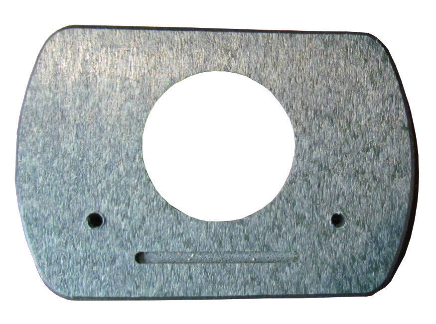 Unknown artist, photograph of a grey metallic plate with a central hole, two smaller holes, and a long narrow groove, showing a textured surface