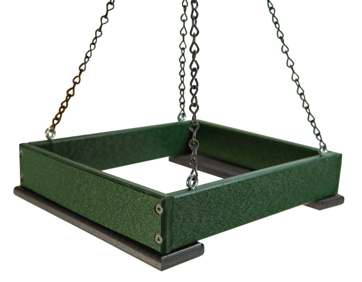 JCS Wildlife Medium Poly Lumber Hanging Platform Feeder in green color, perfect for attracting birds to your garden.