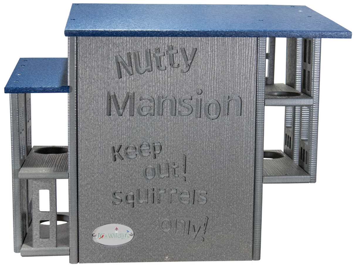 J's Wildlife Nutty Mansion squirrel feeder features a gray and blue design with multiple feeding platforms and the words Keep Out Squirrels Only engraved on the side