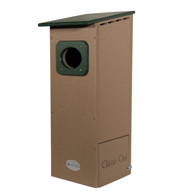 Wildlife’s recycled plastic birdhouse features a taupe body green roof and a convenient clean-out door