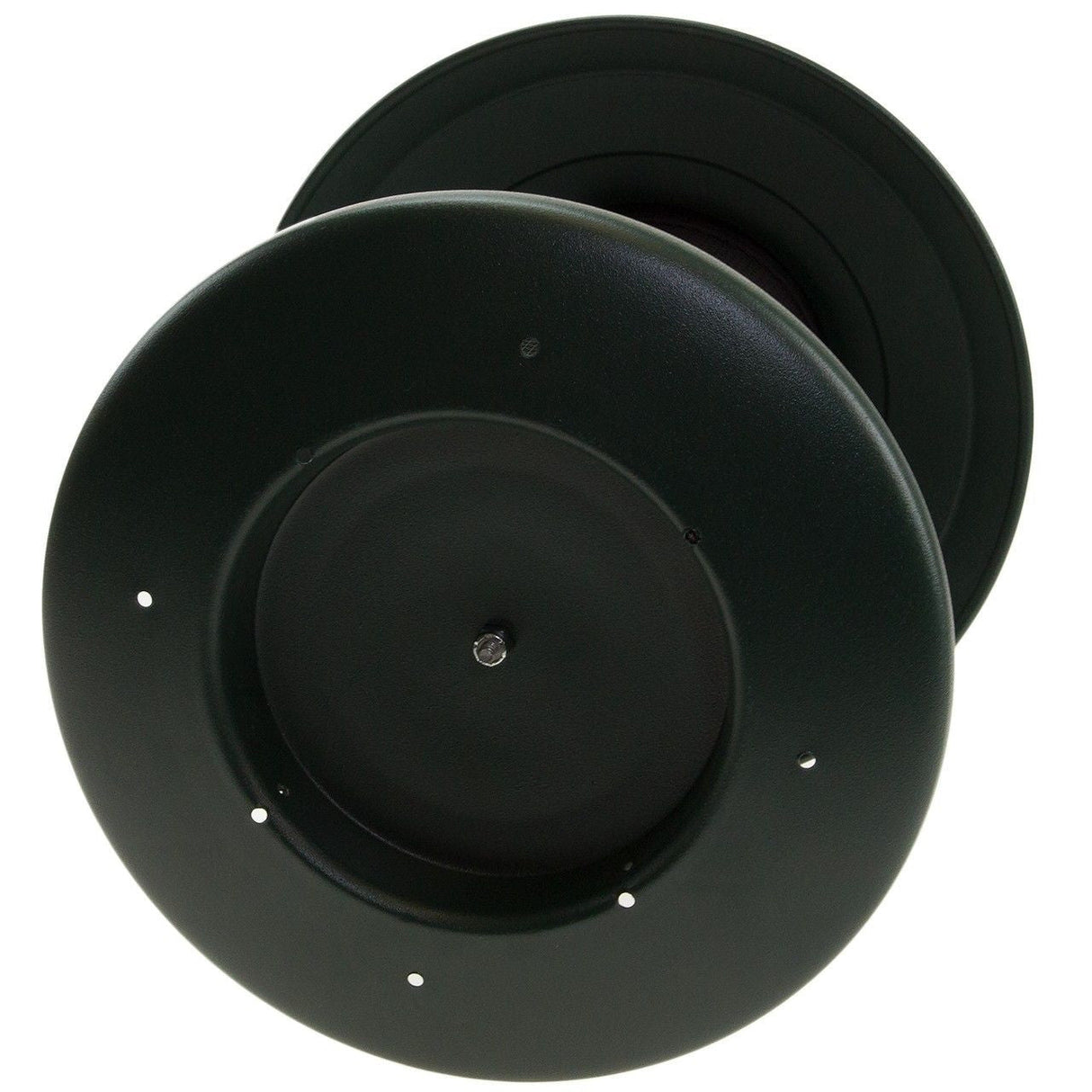 A dark green metal reel featuring a central screw, concentric circles, and small evenly spaced holes