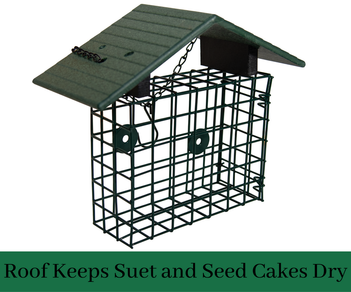 JCS Wildlife XL Suet Cage with Recycled Poly Lumber Roof keeps suet and seed cakes dry and safe from the elements.