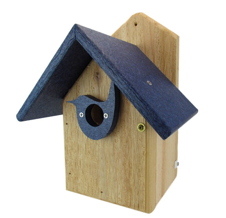 Wooden birdhouse with a dark blue roof and bird-shaped entrance featuring brass screws and a light brown wood grain.