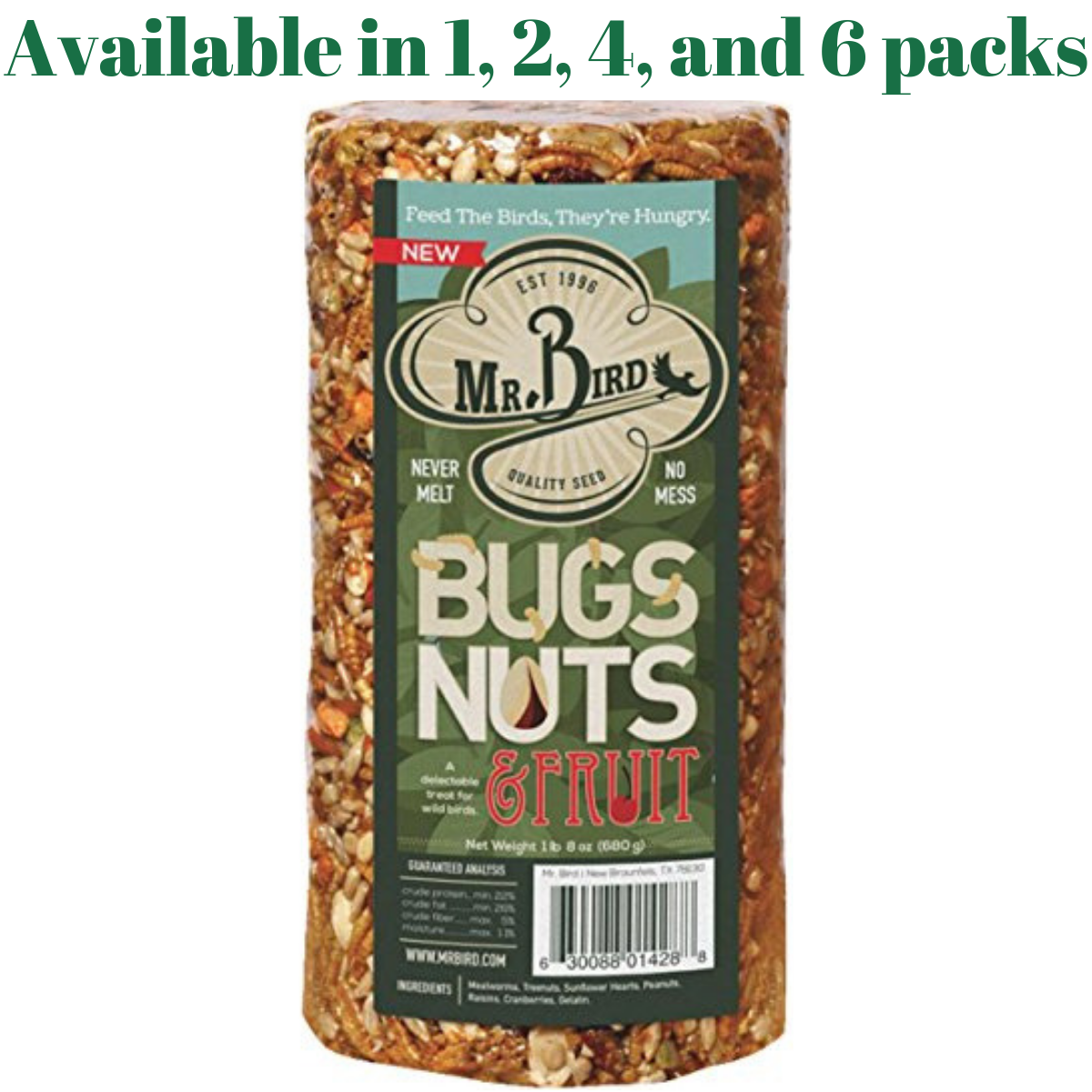 Mr. Bird Bugs, Nuts, & Fruit Small Wild Bird Seed Cylinder 24 oz packed with mealworms and nuts, available in 1, 2, 4, or 6 packs.