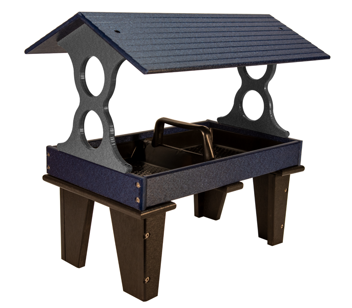 Product shot of a dark blue and gray plastic bird feeder with a sloped roof featuring a black carry handle and visible screws showcasing a weather-resistant design