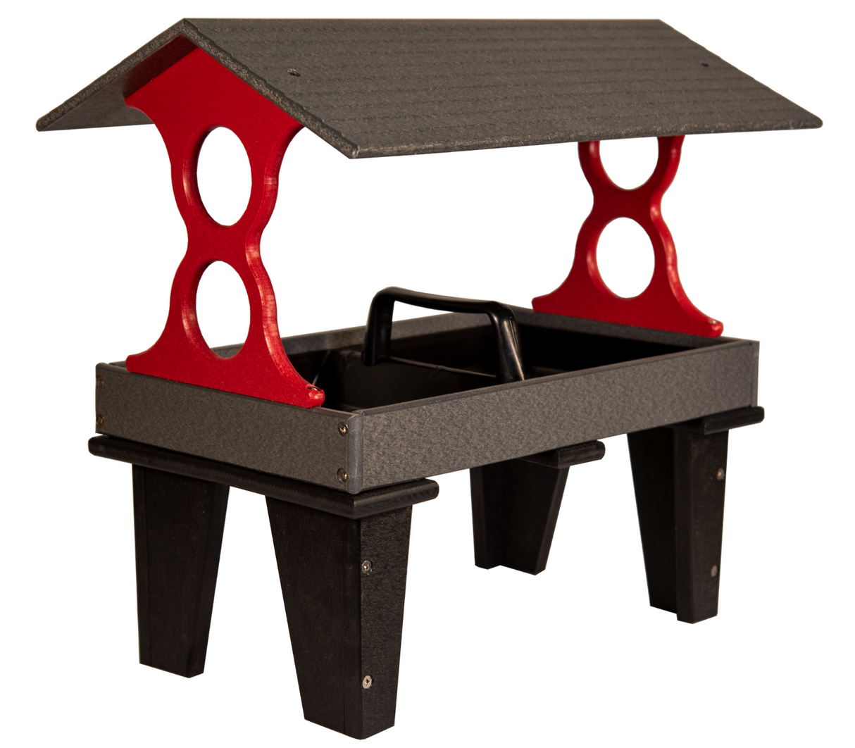 Plastic bird feeder with gray roof and red accents on a white background featuring a covered tray and sturdy legs
