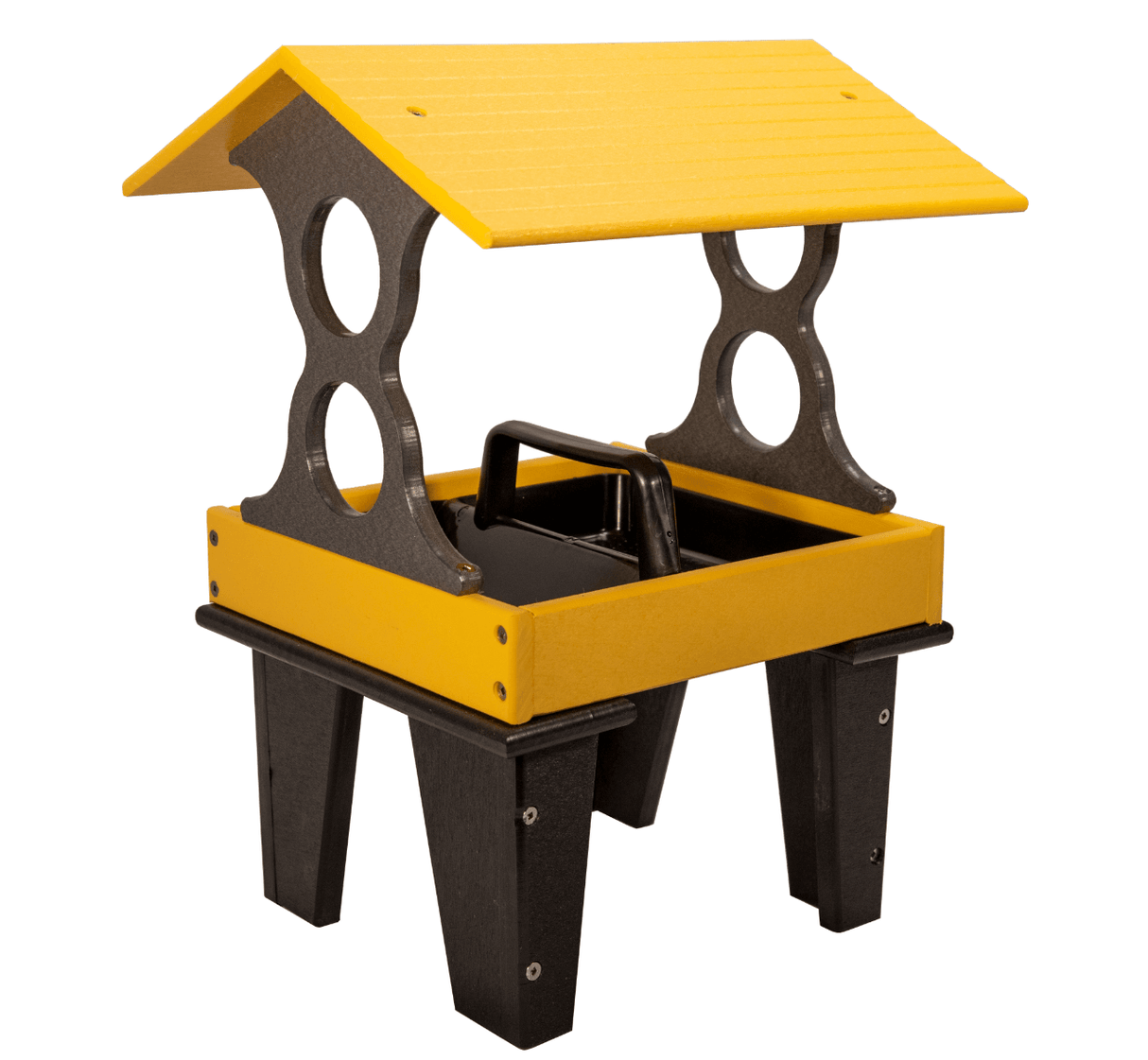 Plastic bird feeder with yellow roof and black base featuring a carry handle and two feeding ports against a white background