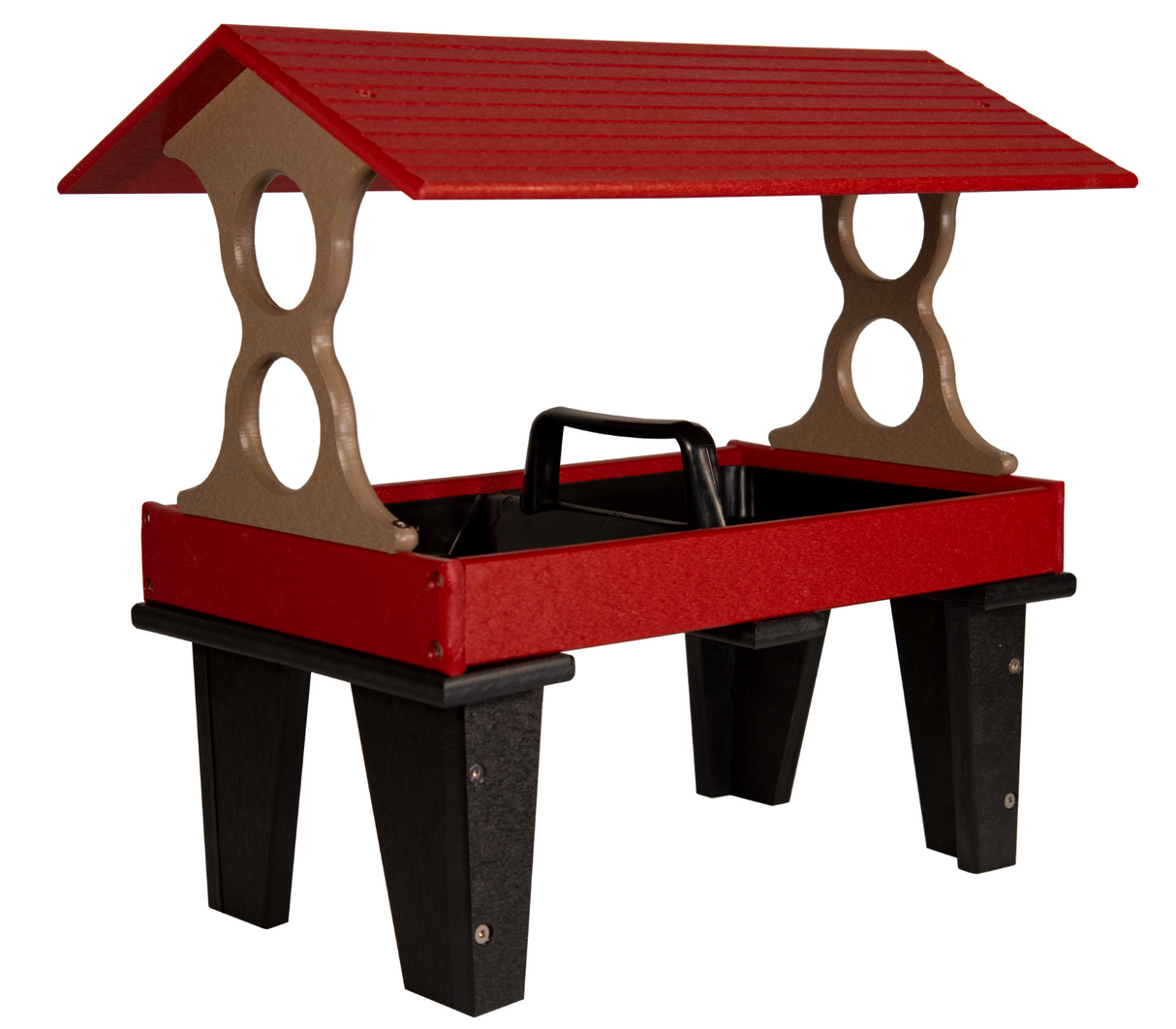 Plastic bird feeder with red roof and taupe supports featuring a black tray and legs against a white background