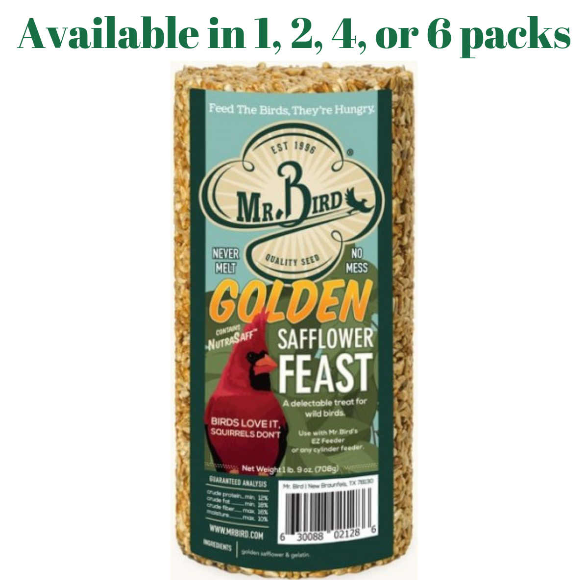 Mr. Bird Golden Safflower Feast Small Wild Bird Seed Cylinder 25 oz for attracting cardinals and grosbeaks.