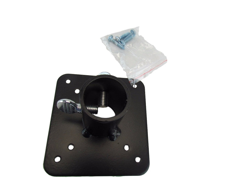 Metal mounting flange for 1-inch poles, ideal for securing bird feeders and houses with screws included.