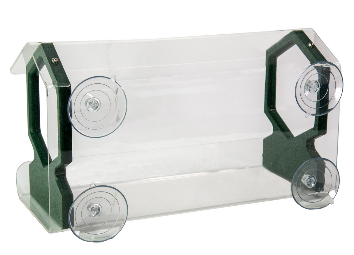 Product shot of a clear acrylic and dark green plastic bird feeder with suction cups featuring a rectangular shape and hexagonal details