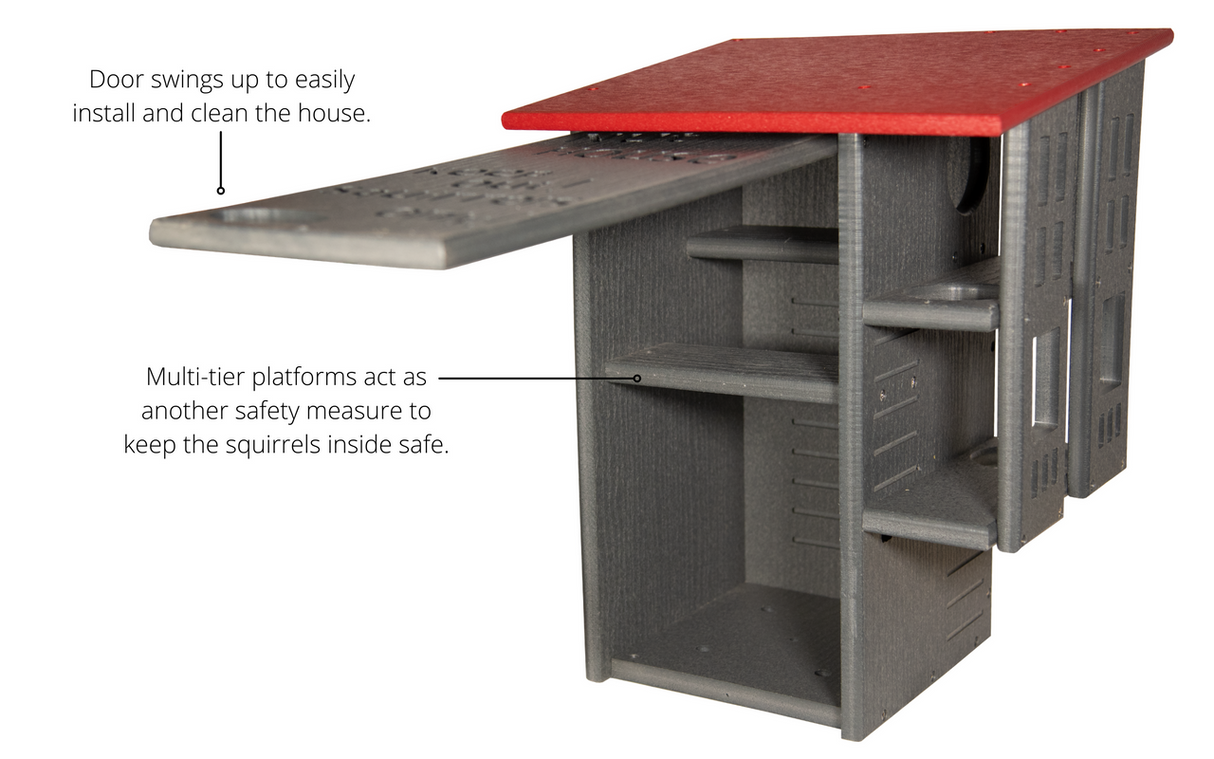 Product shot of a gray and red multi-tiered squirrel feeder with a hinged door and multiple platforms for safe access.