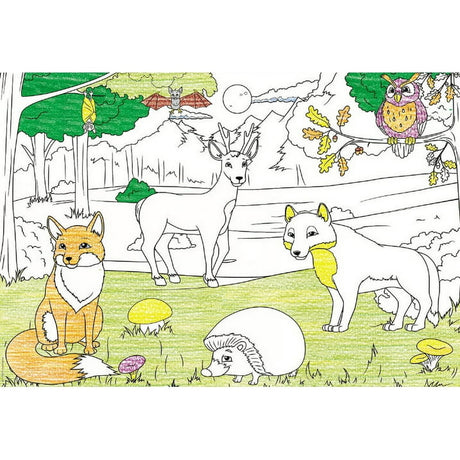 Colored pencil illustration of a forest scene featuring a fox, deer, wolf, hedgehog, owl, and bat near mountains with yellow mushrooms and an oak tree with colorful leaves