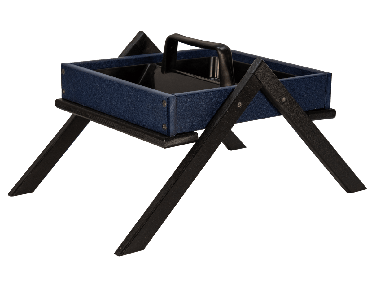 Recycled plastic bird feeder with dark blue tray black stand and visible screws featuring a convenient carrying handle