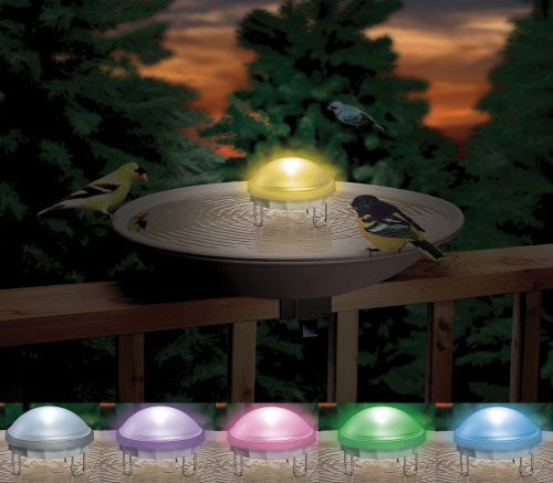 Product photography showing a lit bird bath with birds on a deck at sunset featuring a yellow gold light purple and teal accents