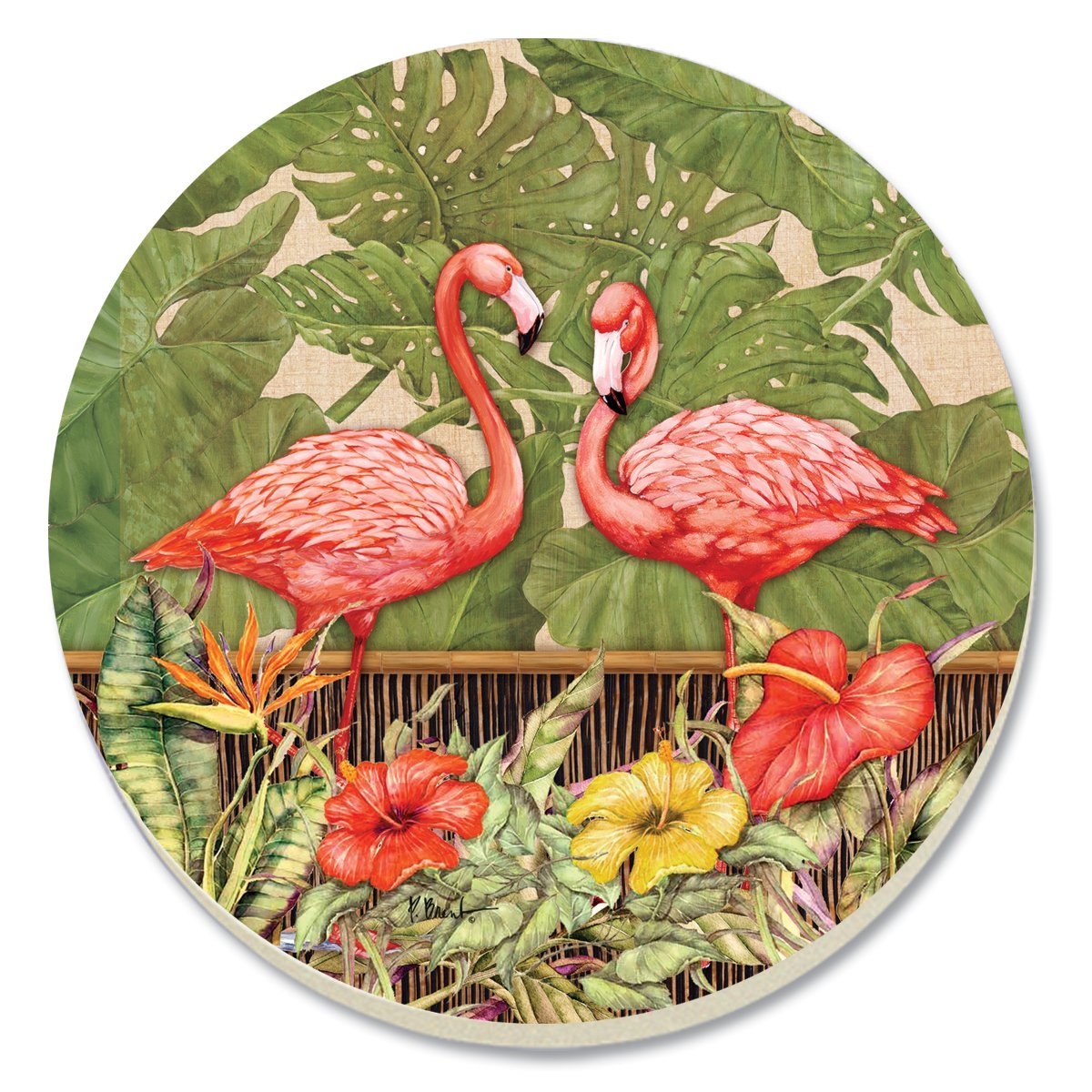 CounterArt Tropical Flamingos Absorbent Coasters set of 4 featuring colorful flamingos and tropical foliage.