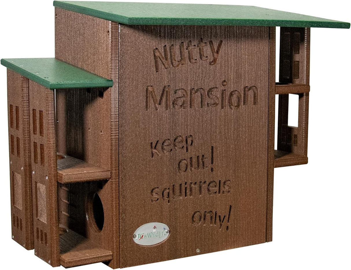 JJs Wildlife Nutty Mansion squirrel feeder features a brown and green multi-level design with cut-out windows and the words Keep out squirrels only carved into the side.