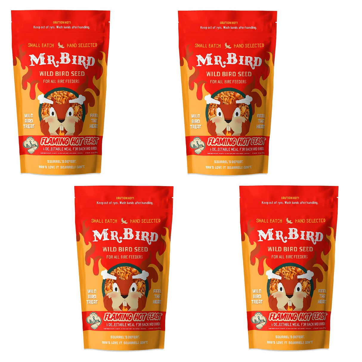 Mr. Bird Flaming Hot Feast large loose seed bags, 4 lbs, effective in deterring squirrels, packed for wild birds.