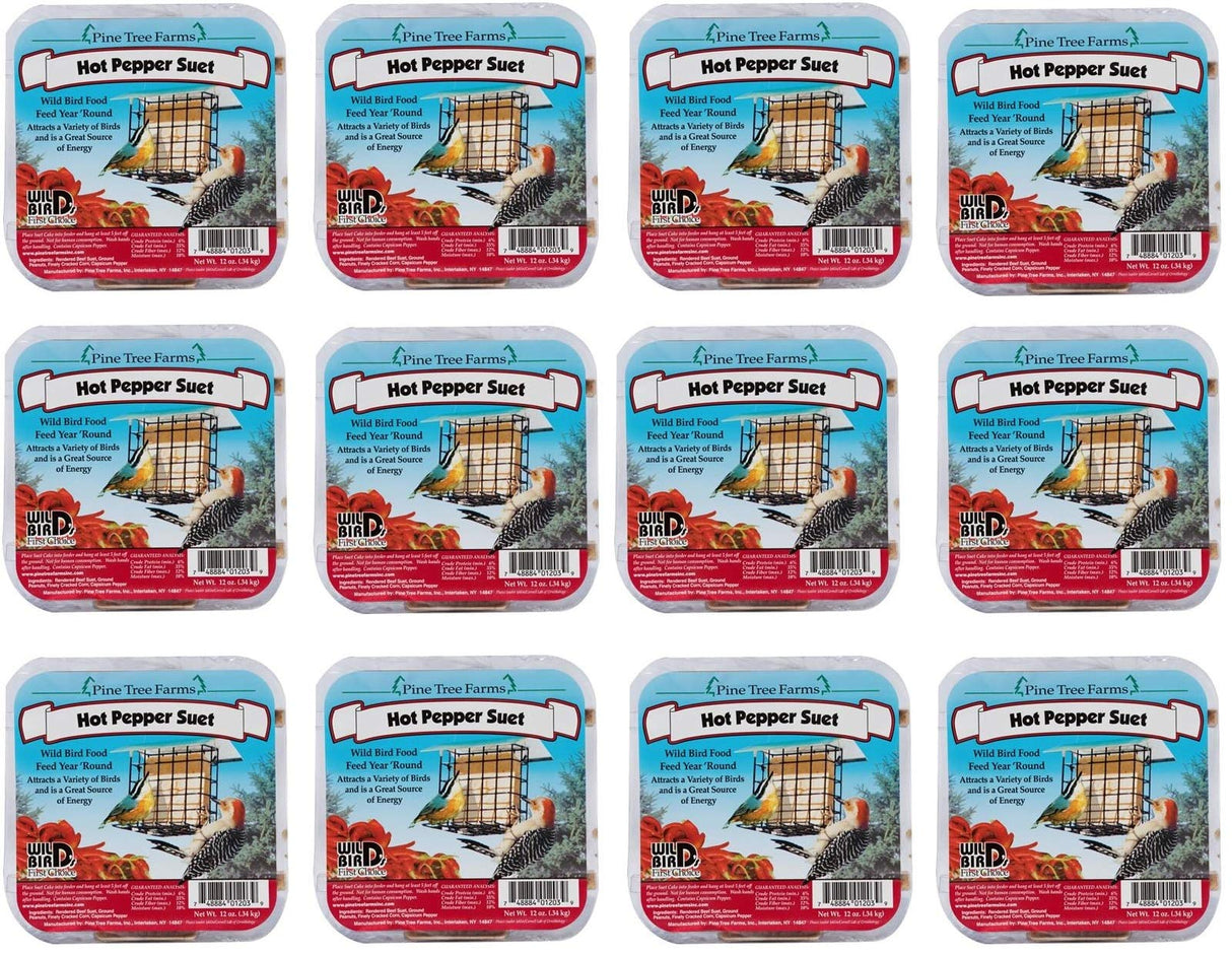 Pine Tree Farms Wild Bird First Choice Hot Pepper Suet twelve-ounce package showing a woodpecker at a bird feeder with red peppers and suet cake