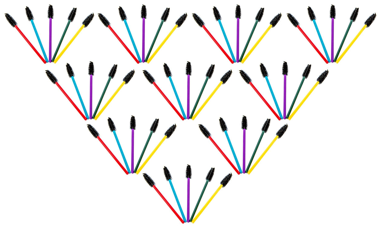 Product shot showing colorful mascara wands arranged in a triangular pattern featuring red purple yellow and teal handles against a white background