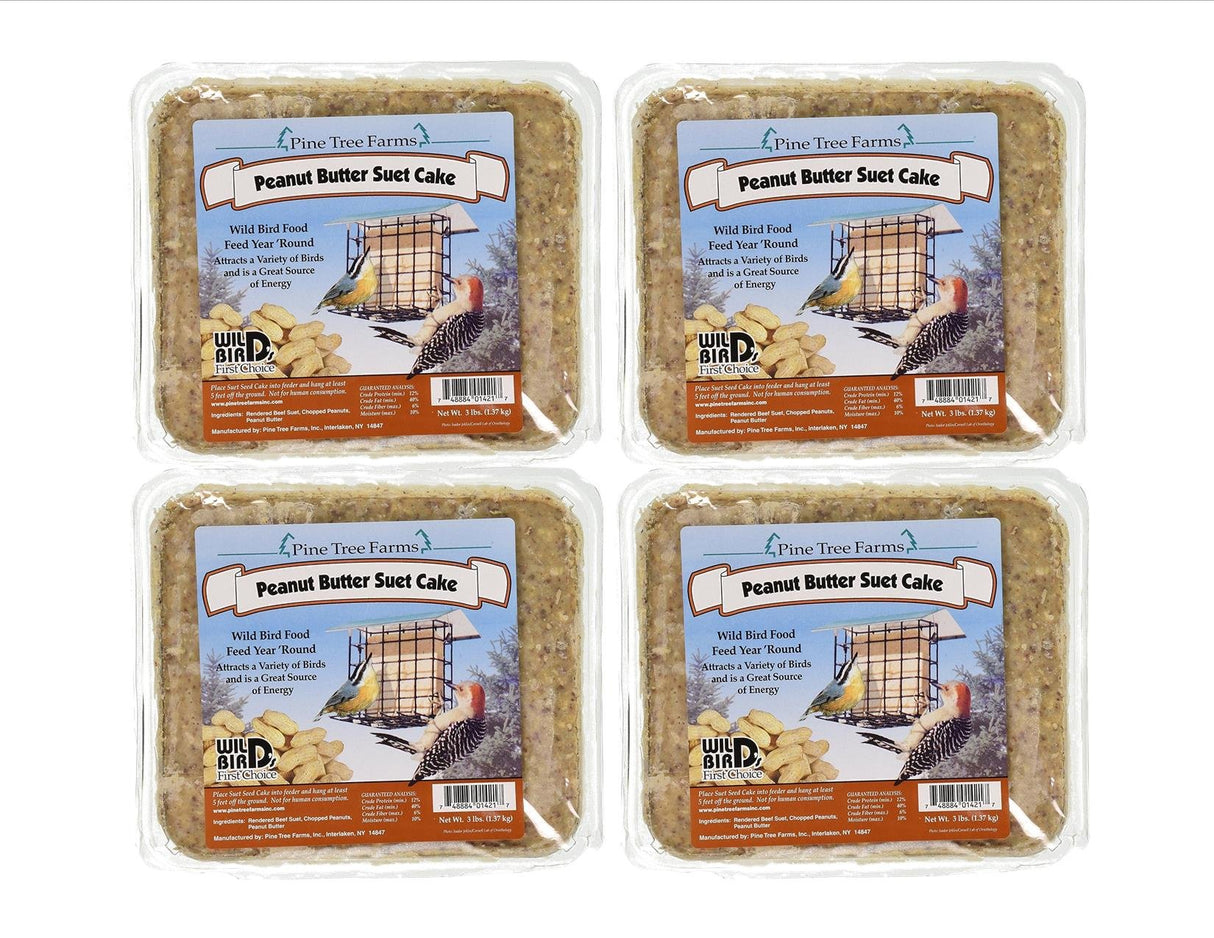 Pine Tree Farms peanut butter suet cakes showing various birds at a bird feeder with peanuts and a vibrant yellow and red bird amidst speckled brown suet cakes.