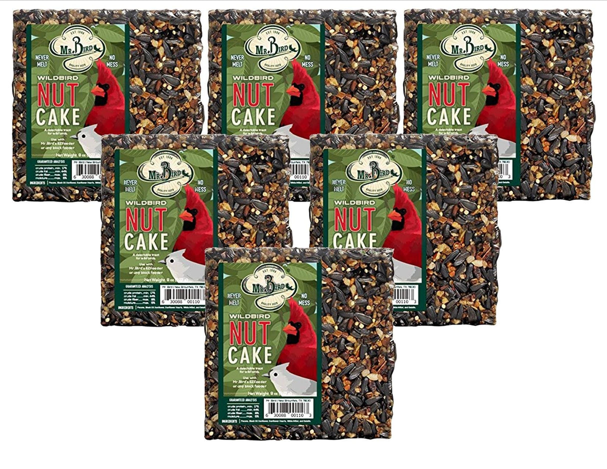 Mr. Bird Wild Bird Nut Cake, 8 oz seed cakes, perfect for attracting various birds, available in a 6-pack.